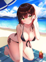Rule 34 | 1girl, absurdres, all fours, bare arms, bare shoulders, barefoot, beach, beach mat, beach umbrella, bikini, black bikini, breasts, cleavage, collarbone, day, front-tie bikini top, front-tie top, halterneck, halterneck, hand up, highres, hwa sawa, large breasts, long hair, looking at viewer, lotion bottle, original, outdoors, red hair, side-tie bikini bottom, smile, solo, string bikini, sunlight, swimsuit, thighs, umbrella, yellow eyes