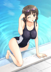 Rule 34 | 10s, 1girl, ;o, bare shoulders, barefoot, black eyes, black hair, braid, breasts, caustics, competition swimsuit, covered erect nipples, covered navel, goggles, goggles on head, hanasaku iroha, large breasts, long hair, miyai sen, one-piece swimsuit, one eye closed, oshimizu nako, pool, poolside, ripples, skin tight, solo, swimsuit, taut clothes, taut swimsuit, twin braids, wet, wink