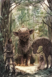 Rule 34 | agro, animal, black hair, brown hair, child, commentary request, company connection, creature, crossover, dress, feathers, forest, griffin, highres, horns, horse, ico, ico (character), long hair, maeka (kumaekake), mono (shadow of the colossus), multiple boys, multiple girls, nature, poncho, shadow of the colossus, short hair, size difference, surcoat, sword, the boy (the last guardian), the last guardian, tree, trico (character), wander (shadow of the colossus), weapon, yorda