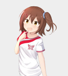 Rule 34 | 1girl, :d, basa rutan, blue scrunchie, blush, breasts, brown eyes, brown hair, grey background, hair between eyes, hair ornament, hair scrunchie, hairclip, highres, idolmaster, idolmaster million live!, kasuga mirai, lesson wear (idolmaster million live!), light blush, one side up, open mouth, scrunchie, shirt, short sleeves, simple background, small breasts, smile, solo, upper body, white shirt