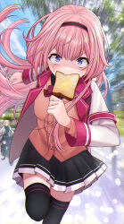 Rule 34 | 1girl, black skirt, black thighhighs, bread slice, cardigan, food, food in mouth, highres, jacket, kashiwagi touko, late for school, long hair, low twintails, mouth hold, nijisanji, pink cardigan, pink hair, pleated skirt, purple eyes, running, school uniform, skirt, solo, suo sango, suo sango (1st costume), thighhighs, toast, toast in mouth, twintails, virtual youtuber, white jacket