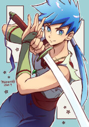Rule 34 | absurdres, breath of fire, breath of fire iv, green eyes, highres, holding, holding sword, holding weapon, jewelry, looking at viewer, maruno, necklace, red sash, ryuu (breath of fire iv), sash, signature, solo, sword, weapon