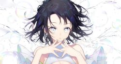 Rule 34 | 1girl, bare shoulders, black hair, breasts, commentary request, dress, fingernails, forehead, grey eyes, highres, looking at viewer, multicolored nails, nail polish, original, parted lips, sleeveless, sleeveless dress, small breasts, sogawa, solo, upper body, water, white background, white dress
