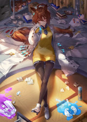 Rule 34 | 1girl, absurdres, agnes tachyon (umamusume), animal ears, black neckwear, black pantyhose, broken glass, brown hair, commentary request, crossed legs, glass, hair between eyes, hair ornament, highres, horse ears, horse girl, horse tail, indoors, lab coat, looking at viewer, necktie, pantyhose, parted lips, red eyes, sitting, sweater, tail, thighhighs, umamusume, white footwear, yanyo (ogino atsuki), yellow sweater