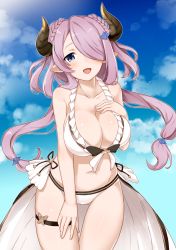 Rule 34 | 10s, 1girl, :d, bare shoulders, bikini, blue eyes, blush, braid, breasts, butterfly hair ornament, chocola flex, cleavage, collarbone, cow girl, cow horns, demon horns, double bun, draph, female focus, granblue fantasy, hair bun, hair ornament, hair over one eye, hairclip, happy, highres, horns, large breasts, light purple hair, long hair, long skirt, looking at viewer, low-tied long hair, narmaya (granblue fantasy), narmaya (summer) (granblue fantasy), navel, open clothes, open mouth, open skirt, outdoors, pointy ears, skirt, sky, smile, solo, standing, swimsuit, thigh gap, thigh strap, white bikini