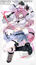 Rule 34 | 1girl, absurdres, animal ear piercing, animal ears, arm belt, arms up, bag, belt, belt bag, belt buckle, belt collar, black bag, black belt, black bow, black bra, black footwear, black gloves, black socks, blood, bloody knife, blue skirt, boots, border, bow, bra, breasts, buckle, check copyright, chinese commentary, cleavage, collar, collarbone, commentary request, copyright request, cropped legs, cropped shirt, fishnet socks, fishnets, fox ears, fox tail, gloves, grey border, hair between eyes, hair bow, hair ornament, hairclip, handbag, highres, holding, holding knife, kneehighs, knife, large breasts, leg belt, leg up, long hair, long sleeves, loose hair strand, midriff, miniskirt, mismatched socks, multicolored hair, multiple belts, navel, open mouth, original, outside border, panties, pink eyes, pink hair, pleated skirt, purple hair, sample watermark, shirt, shoe belt, simple background, skirt, smile, socks, solo, streaked hair, string panties, studded belt, tail, tail belt, teeth, thigh belt, thigh strap, underwear, upper teeth only, very long hair, watermark, weibo watermark, white background, white bag, white shirt, white sleeves, yanghua gaizi