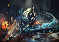 Rule 34 | absurdres, blue eyes, electricity, epic, fire, glowing, glowing eye, highres, holding, holding sword, holding weapon, huge filesize, jun zt, looking to the side, mecha, no humans, one-eyed, robot, ronin (titanfall 2), science fiction, solo, sunrise stance, sword, titan (titanfall), titanfall (series), titanfall 2, weapon
