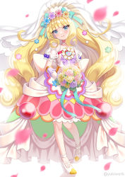 Rule 34 | 1girl, blonde hair, blue eyes, blush, bouquet, bridal gauntlets, bridal veil, brooch, choker, cure finale, cure finale (party up style), delicious party precure, dress, flower, frills, full body, hair ornament, highres, holding, holding bouquet, jewelry, juliet sleeves, kasai amane, long hair, long sleeves, magical girl, precure, puffy sleeves, tiara, twitter username, veil, wedding dress, white footwear, yukinko (yukiwork)