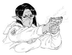 Rule 34 | 1girl, aiming, bb (baalbuddy), bob cut, breasts, cleavage, commentary, covered erect nipples, dark elf, dark skin, elf, english commentary, greyscale, gun, handgun, highres, holding, holding gun, holding weapon, hood, hood down, hooded jacket, jacket, large breasts, long sleeves, looking at viewer, monochrome, open clothes, open jacket, original, pistol, pointy ears, s&amp;w m&amp;p, safety glasses, short hair, simple background, solo, sweatdrop, upper body, weapon, white background