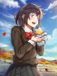 Rule 34 | 1girl, autumn, autumn leaves, black hair, black shirt, black skirt, bow, cloud, creatrail, day, eating, food, highres, holding, holding food, leaf, long sleeves, maple leaf, mountainous horizon, open mouth, original, outdoors, red bow, roasted sweet potato, shirt, short hair, skirt, solo, standing, sweater, sweet potato, roasted sweet potato