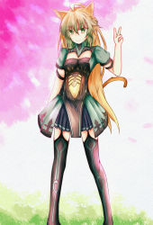 Rule 34 | 1girl, animal ears, atalanta (fate), blonde hair, cat ears, cat tail, eyebrows, fate/apocrypha, fate/grand order, fate (series), garter straps, gradient hair, green eyes, green hair, hand up, highres, legs apart, long hair, looking at viewer, matching hair/eyes, most body, multicolored hair, puffy short sleeves, puffy sleeves, short sleeves, smile, solo, standing, tail, thighhighs, turtleneck, v, very long hair, yin man tong xing