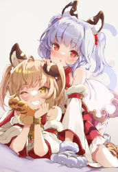 Rule 34 | 2girls, absurdres, animal ears, animal hands, bell, blonde hair, blush, cindala (granblue fantasy), detached sleeves, dress, erune, gloves, granblue fantasy, grin, highres, huang (granblue fantasy), jingle bell, looking at viewer, multiple girls, one eye closed, open mouth, pai (granblue fantasy), paw shoes, pilokey, red eyes, siblings, silver hair, sisters, smile, tail, tiger ears, tiger girl, tiger paws, tiger tail, twins, yellow eyes