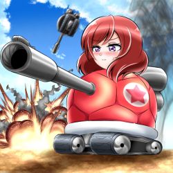Rule 34 | 1girl, artist name, artist request, blue sky, blush, cloud, day, explosion, female focus, hair between eyes, looking at viewer, love live!, love live! school idol project, military, military vehicle, motor vehicle, nishikino maki, outdoors, parted lips, purple eyes, red hair, short hair, sky, solo, star (symbol), star print, sweatdrop, tank, tank shell