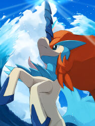 Rule 34 | black eyes, bright pupils, closed mouth, cloud, commentary, creatures (company), day, frown, game freak, gen 5 pokemon, highres, keldeo, kou11021301, legendary pokemon, mythical pokemon, nintendo, no humans, outdoors, pokemon, pokemon (creature), sky, solo, symbol-only commentary, water, white pupils