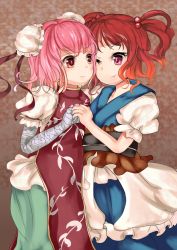 Rule 34 | 2girls, bandages, bun cover, chinese clothes, double bun, female focus, flower, hair bobbles, hair ornament, ibaraki kasen, japanese clothes, kimono, multiple girls, obi, one eye closed, onozuka komachi, pink eyes, pink hair, puffy sleeves, red eyes, red hair, rose, sash, short hair, short sleeves, smile, tabard, touhou, twintails, two side up, wink