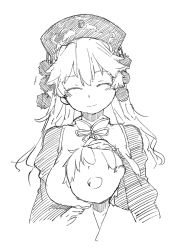 Rule 34 | 1boy, 1girl, age difference, bad id, bad twitter id, chinese clothes, closed eyes, eyebrows, greyscale, hat, head tilt, headpat, junko (touhou), long hair, monochrome, pom pom (clothes), ribbon, saryuu (iriomote), sketch, smile, tabard, touhou, upper body, wide sleeves