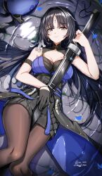 Rule 34 | 1girl, arm strap, as4gi, bare shoulders, black gloves, black hair, blue hat, bow, breasts, cleavage, closed mouth, dress, gloves, hat, highres, holding, long hair, looking at viewer, medium breasts, multicolored hair, pantyhose, smile, solo, tacet mark (wuthering waves), very long hair, wuthering waves, yangyang (wuthering waves)