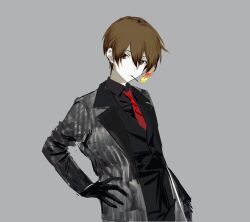 Rule 34 | 1boy, black gloves, black pants, black shirt, black vest, brown eyes, brown hair, chinese commentary, closed mouth, coat, commentary request, e.g.o (project moon), fire, gloves, grey background, grey coat, hair between eyes, hand on own hip, highres, jabuchi you, kitakawayui, lobotomy corporation, male focus, matches, necktie, open clothes, open coat, pants, project moon, red necktie, saibou shinkyoku, shirt, simple background, solo, vest