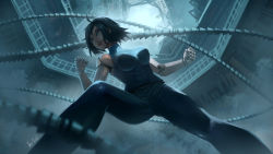 Rule 34 | 1girl, ahoge, alita, alita: battle angel, battle angel alita, black hair, breasts, brown eyes, clenched hands, commentary, cyborg, english commentary, fighting stance, from below, highres, joints, large breasts, leotard, leotard under clothes, lips, mechanical arms, nose, pants, robot joints, rosdi, short hair, skin tight, sleeveless, solo, turtleneck