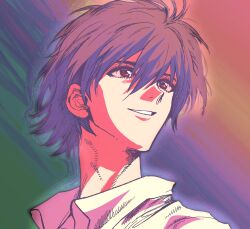 Rule 34 | 1boy, collared shirt, green background, grey hair, highres, male focus, multicolored background, my nameisyoon, nagisa kaworu, neon genesis evangelion, parted lips, portrait, purple background, red background, red eyes, shirt, short hair, smile, solo, white shirt