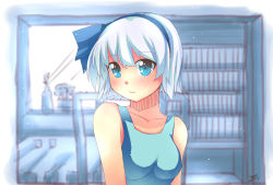 Rule 34 | 1girl, alternate costume, bare arms, bare shoulders, blue eyes, blush, blush stickers, book, bookshelf, bow, breasts, chair, collarbone, dated, flower, flower pot, hair bow, hairband, ikuya@, indoors, konpaku youmu, looking at viewer, short hair, signature, silver hair, smile, solo, tank top, touhou
