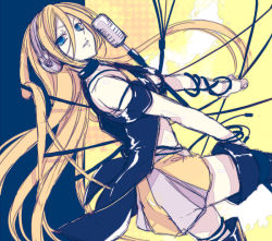 Rule 34 | 1girl, blonde hair, blue eyes, boots, cable, female focus, headphones, lily (vocaloid), long hair, maka (morphine), microphone, microphone stand, sketch, skirt, solo, thigh boots, thighhighs, vocaloid, zettai ryouiki