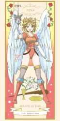Rule 34 | 1girl, angel wings, armor, blonde hair, boots, breath of fire, breath of fire i, collarbone, copyright name, elbow gloves, feathered wings, flower, full body, gloves, green eyes, hairband, highres, knee boots, leotard, looking at viewer, maruno, nina (breath of fire i), open mouth, red flower, red leotard, red rose, rose, short hair, smile, solo, sword, thighhighs, weapon, white wings, wings