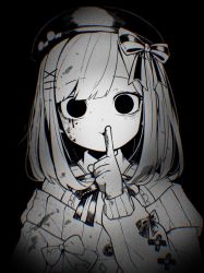 Rule 34 | 1girl, beret, blood, blood on clothes, blood stain, bow, commentary request, empty eyes, finger to mouth, greyscale, hair bow, hair ornament, hat, hatyuuruinohito, highres, horror (theme), long sleeves, looking at viewer, monochrome, nijisanji, shushing, solo, suzuhara lulu, suzuhara lulu (1st costume), upper body, virtual youtuber, x hair ornament