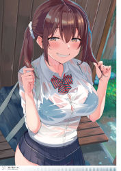 Rule 34 | 1girl, :d, absurdres, artist name, bag, bench, blue bra, bow, bowtie, bra, bra visible through clothes, breasts, brown eyes, brown hair, button gap, buttons, collared shirt, fingernails, grin, hair ornament, hair scrunchie, half-closed eyes, highres, large breasts, long hair, looking at viewer, naughty face, non-web source, nuko (mikupantu), open mouth, original, outdoors, page number, pleated skirt, rain, school uniform, scrunchie, see-through, serafuku, shirt, skirt, sleeves rolled up, smile, solo, teeth, twintails, underwear, wet, wet clothes, wet shirt