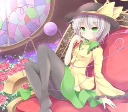 Rule 34 | 1girl, aibumi, bad id, bad pixiv id, black pantyhose, blush, couch, flower, green eyes, hat, hat ribbon, heart, heart of string, komeiji koishi, light smile, long sleeves, looking at viewer, no shoes, panties, panty pull, pantyhose, pen-zin, petals, red flower, red rose, red upholstery, ribbon, rose, shirt, silver hair, sitting, skirt, smile, solo, stained glass, third eye, touhou, underwear, wide sleeves