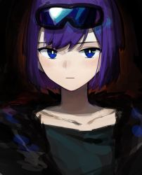 Rule 34 | 1girl, andreana (arknights), arknights, black background, black shirt, blue eyes, bright pupils, collarbone, fur trim, goggles, goggles on head, highres, looking at viewer, portrait, purple hair, shirt, short hair, simple background, solo, white pupils, zhili xingzou