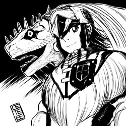 Rule 34 | 1girl, absurdres, armor, breasts, cete (controllingtime), great jagras, greyscale, highres, horns, long hair, looking at viewer, monochrome, monster hunter (series), monster hunter: world, open mouth, smile, solo, weapon