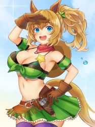 Rule 34 | 1girl, :d, absurdres, animal ears, arm up, armband, bandana, bandeau, bare shoulders, belt, bikini, bikini under clothes, blue eyes, blue sky, blush, breasts, brown belt, brown gloves, brown hair, cleavage, commentary request, cowboy shot, day, detached sleeves, front-tie top, gloves, green armband, green skirt, hair between eyes, hair ornament, highres, horse ears, horse tail, large breasts, long hair, looking at viewer, midriff, miniskirt, navel, open mouth, outdoors, partial commentary, ponytail, purple thighhighs, short sleeves, skirt, skirt set, sky, smile, solo, sparkle, standing, star (symbol), star hair ornament, stomach, strapless, swimsuit, taiki shuttle (umamusume), tail, thighhighs, tube top, umamusume, yui (yuyu ayame), zettai ryouiki