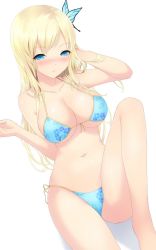 Rule 34 | 10s, 1girl, adjusting hair, barefoot, bikini, blonde hair, blue eyes, blush, boku wa tomodachi ga sukunai, breasts, bug, butterfly, butterfly hair ornament, cait aron, cleavage, feet, female focus, floral print, front-tie top, hair ornament, highres, insect, kashiwazaki sena, large breasts, long hair, looking at viewer, lying, navel, on back, shiny skin, side-tie bikini bottom, simple background, solo, swimsuit
