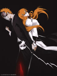 Rule 34 | 1boy, 1girl, back-to-back, black hakama, bleach, brown hair, commentary, couple, dress, english commentary, hair ornament, hairpin, hakama, hetero, highres, holding, holding sword, holding weapon, hollow mask, inoue orihime, japanese clothes, juliet sleeves, kurosaki ichigo, long hair, long sleeves, puffy sleeves, rozuberry, short hair, spiked hair, standing, sword, weapon