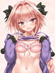 Rule 34 | 1boy, :d, astolfo (fate), astolfo (memories at trifas) (fate), blush, bra, braid, cle masahiro, clothes lift, collarbone, fang, fate/apocrypha, fate (series), hair intakes, hair ribbon, jewelry, long hair, looking at viewer, male focus, multicolored hair, navel, necklace, official alternate costume, open mouth, pink bra, pink hair, purple eyes, ribbon, shirt lift, single braid, smile, solo, streaked hair, sweatdrop, trap, underwear, upper body, white hair