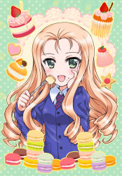 Rule 34 | 10s, 1girl, bc freedom school uniform, blonde hair, blue necktie, blue sweater, cake, cardigan, commentary request, cookie, cream puff, cupcake, diagonal stripes, dress shirt, drill hair, eating, food, food on face, food request, fork, fruit, girls und panzer, green background, green eyes, hand on own cheek, hand on own face, holding, holding food, kuromori yako, long hair, long sleeves, looking at viewer, marie (girls und panzer), necktie, open mouth, polka dot, polka dot background, red necktie, school uniform, shirt, smile, solo, strawberry, strawberry shortcake, striped necktie, striped neckwear, sweater, upper body, white shirt, wing collar