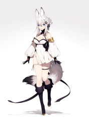 Rule 34 | 1girl, anchor hair ornament, animal ear fluff, animal ears, arms at sides, black footwear, black gloves, blue eyes, boots, braid, breasts, cleavage, closed mouth, commentary request, detached sleeves, dress, full body, gloves, hair between eyes, hair bun, hair ornament, halterneck, highres, knee boots, large breasts, looking at viewer, ni02 (asahi nini), no panties, original, pelvic curtain, shadow, short dress, sidelocks, simple background, single hair bun, solo, tail, thigh strap, thighs, white background, white dress, white hair