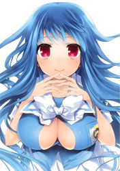 Rule 34 | 1girl, badge, blue hair, blue theme, blush, bow, breasts, kotoji, large breasts, long hair, looking at viewer, original, red eyes, smile, solo, upper body