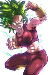 Rule 34 | 10s, 1girl, abs, aqua eyes, arm up, armpits, bracelet, breasts, clenched hand, clenched teeth, dragon ball, dragon ball super, earrings, eyelashes, fighting stance, fingernails, green hair, grin, jewelry, kefla (dragon ball), kemachiku, leg up, looking away, potara earrings, red shirt, shaded face, shirt, short hair, simple background, sleeveless, sleeveless shirt, smile, solo, spiked hair, super saiyan, tank top, teeth, upper body, white background