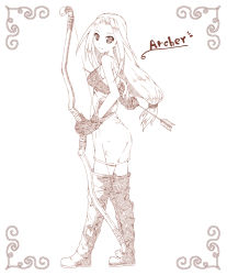 Rule 34 | 1girl, archer (fft), arrow (projectile), boots, bow (weapon), breasts, female focus, final fantasy, final fantasy tactics, full body, kneehighs, long hair, mizuzono, monochrome, simple background, socks, solo, weapon