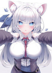 Rule 34 | 1girl, absurdres, animal ear fluff, animal ears, between breasts, blue eyes, blue skirt, blush, breasts, bug, butterfly, commentary request, detached sleeves, fang, fox ears, fox girl, fur-trimmed sleeves, fur trim, hair between eyes, hair ornament, highres, insect, konagi (konotuki), large breasts, long hair, looking at viewer, necktie, original, outstretched arms, parted lips, pleated skirt, red necktie, shirt, skirt, solo, strap between breasts, upper body, white background, white hair, white shirt, x hair ornament