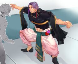 Rule 34 | 2boys, black shirt, cropped shirt, duryodhana (fate), earrings, facial hair, fate/grand order, fate (series), flower, fujimaru ritsuka (male), goatee, goatee stubble, imoda, indian clothes, jewelry, looking at another, mature male, midriff, multiple boys, muscular, muscular male, necklace, purple eyes, purple flower, purple hair, purple rose, red flower, red rose, rose, sash, shirt, short hair, shoulder sash, single earring, smile, stubble