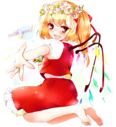 Rule 34 | 1girl, :d, bad id, bad pixiv id, bare legs, barefoot, blonde hair, blush, crystal, english text, fang, female focus, flandre scarlet, flower, full body, hair ornament, hair ribbon, head wreath, hr385, jewelry, komu (hr385), no headwear, open mouth, outstretched arm, outstretched hand, puffy sleeves, red eyes, ribbon, ring, short hair, short sleeves, side ponytail, simple background, smile, solo, touhou, white background, wings