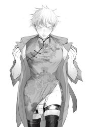 Rule 34 | 1boy, blush, china dress, chinese clothes, closed mouth, coat, commentary request, crossdressing, dress, erection, eyelashes, floral print, gojou satoru, greyscale, jujutsu kaisen, looking at viewer, male focus, monochrome, moy64904958, muscular, muscular male, nipples, open clothes, open coat, penis, precum, puffy chest, sex toy, short hair, solo, standing, testicles, thick thighs, thighhighs, thighs, vibrator, vibrator on penis