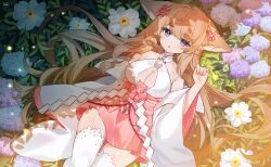 Rule 34 | 1girl, absurdres, animal ear fluff, animal ears, bare shoulders, blue eyes, blue flower, breasts, brown hair, cat ears, cheli (kso1564), cleavage, cleavage cutout, clothing cutout, commentary request, feet out of frame, flower, hand up, highres, hydrangea, long hair, long sleeves, looking at viewer, lying, medium breasts, mole, mole on breast, on back, parted lips, pink flower, pink skirt, pleated skirt, sakurai hana, skirt, solo, thighhighs, vdonburi, very long hair, virtual youtuber, white flower, white thighhighs, wide sleeves