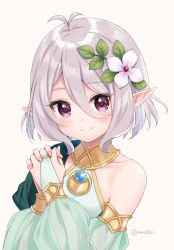 Rule 34 | 1girl, antenna hair, anz32, bad id, bad pixiv id, blush, bridal gauntlets, closed mouth, commentary request, detached sleeves, dress, flower, green sleeves, grey background, hair between eyes, hair flower, hair ornament, hands up, interlocked fingers, kokkoro (princess connect!), long sleeves, nail polish, pink nails, pointy ears, princess connect!, puffy long sleeves, puffy sleeves, purple eyes, see-through, see-through sleeves, silver hair, simple background, sleeveless, sleeveless dress, smile, solo, split mouth, twitter username, white dress, white flower