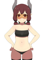 Rule 34 | 1girl, absurdres, bad id, bad pixiv id, bandeau, bare arms, bare shoulders, black bandeau, black panties, black thighhighs, blush, brown eyes, brown hair, closed eyes, cowboy shot, gluteal fold, hair tie, hands on own hips, highres, horns, long hair, looking at viewer, low ponytail, navel, original, panties, pointy ears, ponytail, sidelocks, simple background, skindentation, smile, solo, surio, thighhighs, underwear, white background