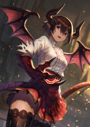 Rule 34 | absurdres, brown hair, brown thighhighs, castle, claws, dragon girl, dragon horns, dragon tail, dragon wings, embers, frills, grea (shingeki no bahamut), hair between eyes, highres, horns, konoike (pepe expect), open mouth, outdoors, pointy ears, red eyes, red skirt, shingeki no bahamut, short hair, skirt, solo, tail, thighhighs, torn, torn clothes, wings