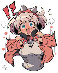Rule 34 | !?, 1girl, blue eyes, bracelet, breasts, cropped torso, elphelt valentine, guilty gear, guilty gear strive, hands on own cheeks, hands on own face, highres, itsuka neru, jacket, jewelry, large breasts, long sleeves, looking at viewer, open mouth, pink jacket, simple background, smile, solo, spiked bracelet, spikes, surprised, upper body, white background